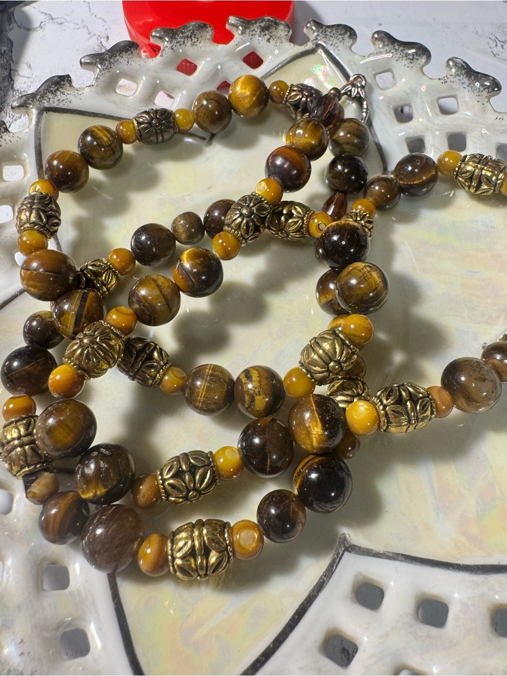 Vintage Tiger's Eye Beaded Statement Necklace Long 29" 92g Chunky 9mm
